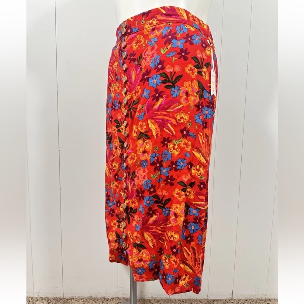 NEW Maison d' Amelie Paris Womens Skirt Sz L Red Floral Midi Buttons Linen Blend - Picture 2 of 11